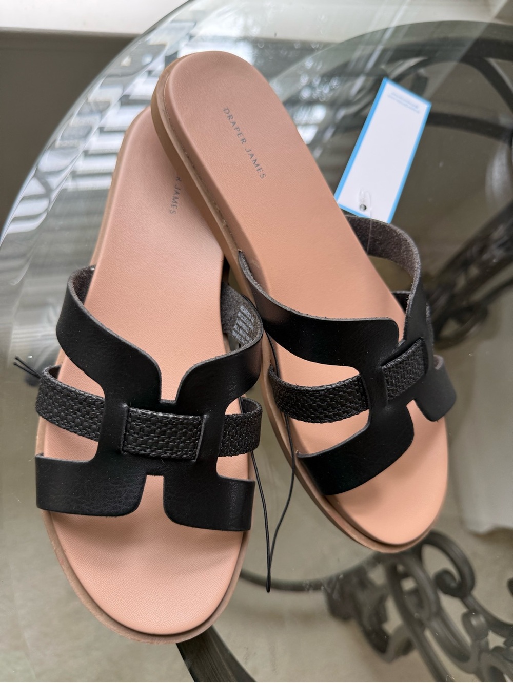 Draper James Black and Tan Leather Slide Sandals